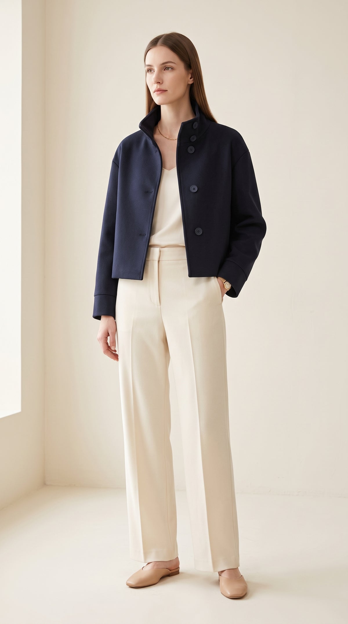 Short Stand-Collar Single-Breasted Elegant Woolen Coat