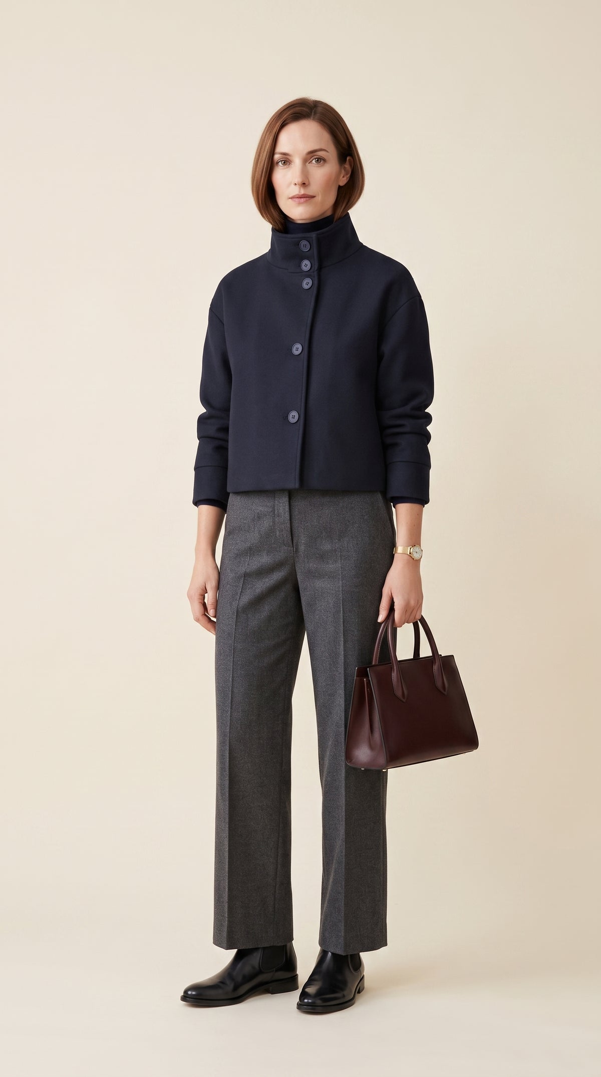 Short Stand-Collar Single-Breasted Elegant Woolen Coat